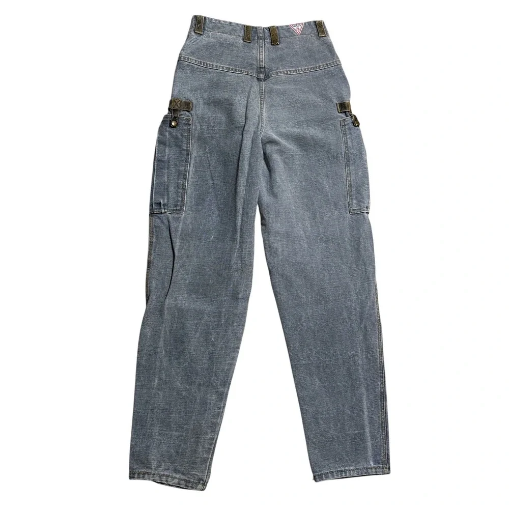 GUESS PARIS‎ VINTAGE RARE Men's high waisted cargo jeans leather trim Washed 29